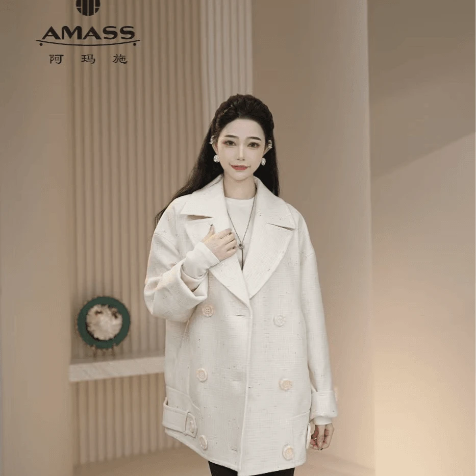AMASS/阿玛施AMASS气质长款翻领宽松复古格纹大衣女毛呢秋5400921