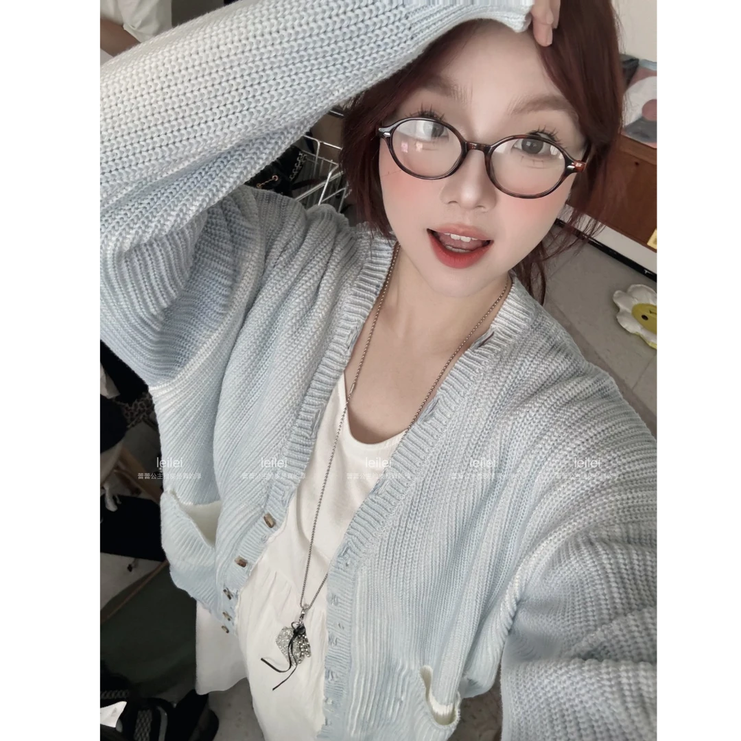 晶咕【海盐气泡水】韩系宽松V领单排扣针织开衫外套