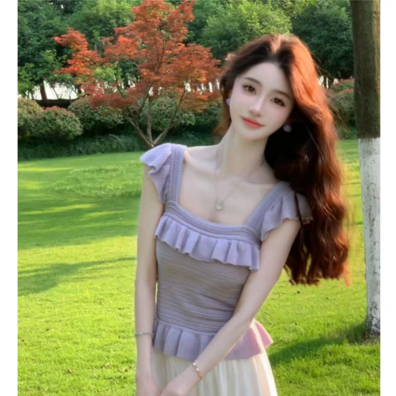 夏季2025高级修身显瘦百搭纯欲辣妹甜美小花边红色无袖背心上衣女
