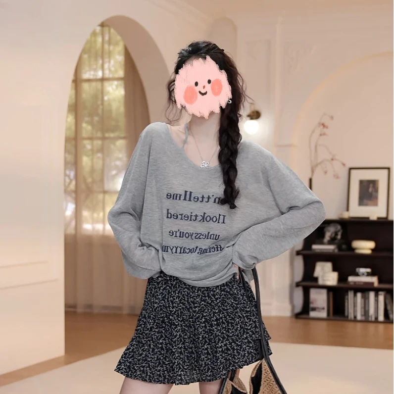 2025夏季薄款字母挂脖长袖防晒T恤小众设计感百搭宽松显瘦上衣女