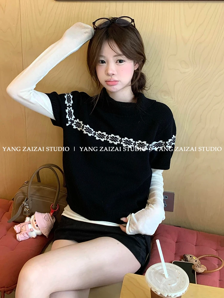 黑色气质高领费尔岛针织衫女2025秋季新款小众短袖毛衣显瘦内搭
