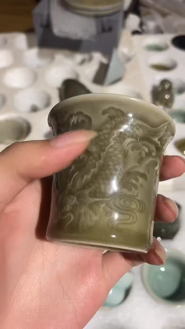 【山隐青瓷】龙窑柴烧杯子 鱼化龙 梅子青窑变  70CC