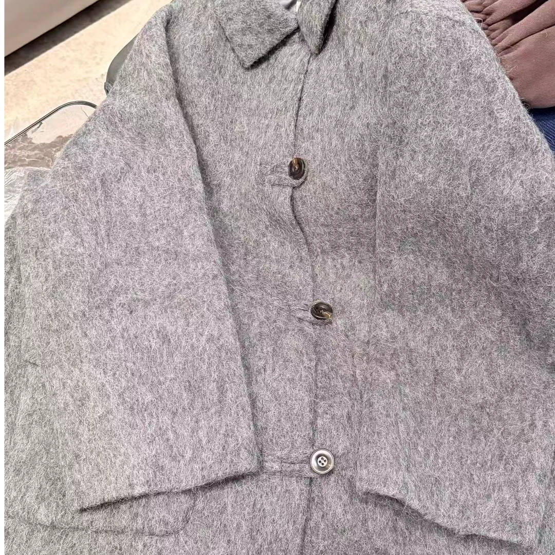 ［小小布］no退换-东大门正品g5a灰色奶白色纽扣大衣外套