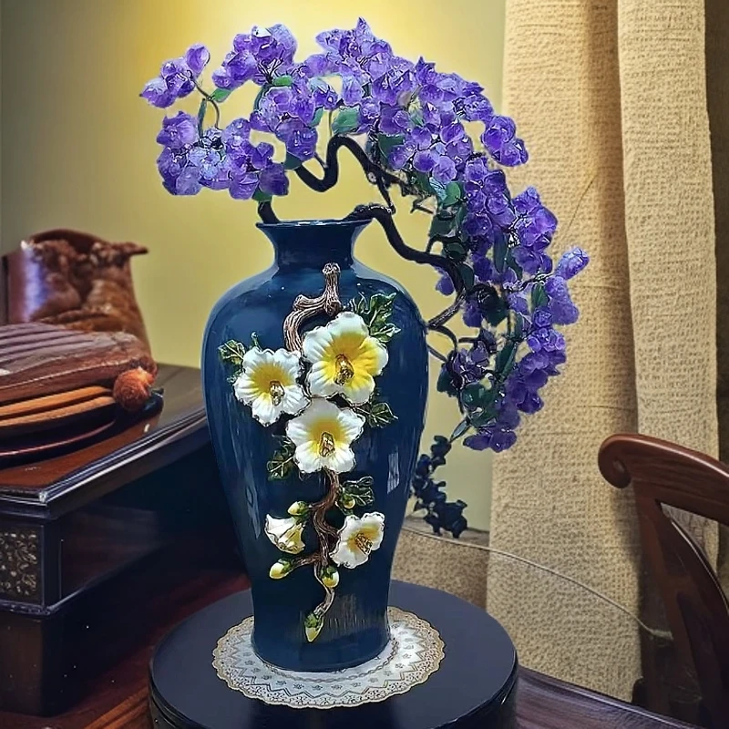 【卓越轻奢原创】珐琅彩紫水晶树摆件迎客松陶瓷纯手工点缀精美