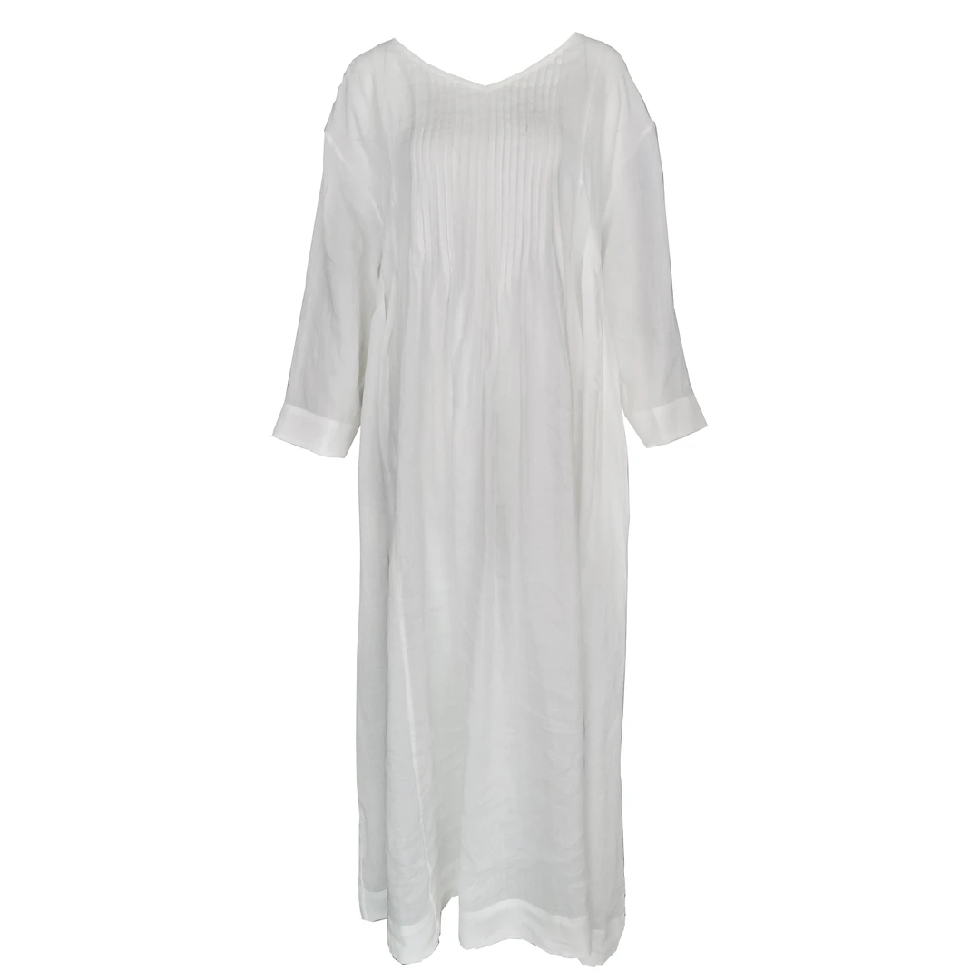 禾记年/原创【绽放】60支苎麻V领风琴折袍子白色夏季女士时尚百搭