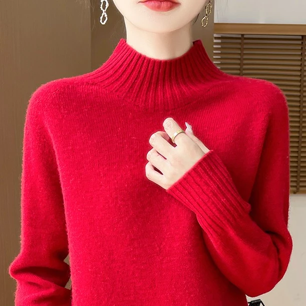 100%羊毛半高领上衣女士羊毛衫过年红色毛衣女2024新款爆款中国红