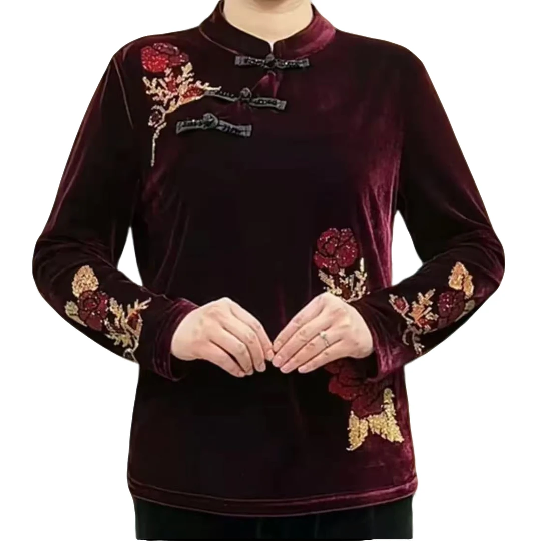 烫钻丝绒旗袍衫 气质复古秋冬妈妈装