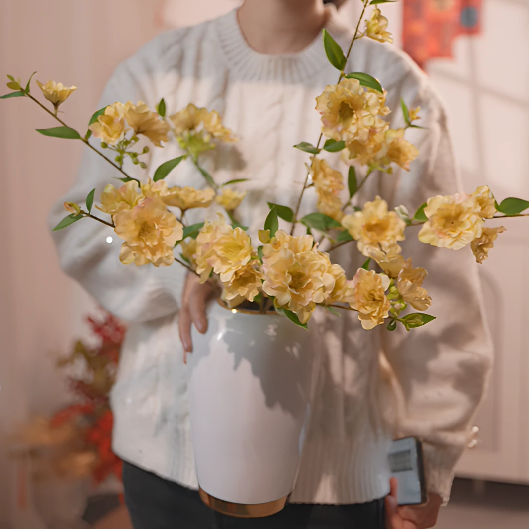 海棠花淡黄色 春色海棠 奶油风餐桌花 简约风客厅花 仿真花