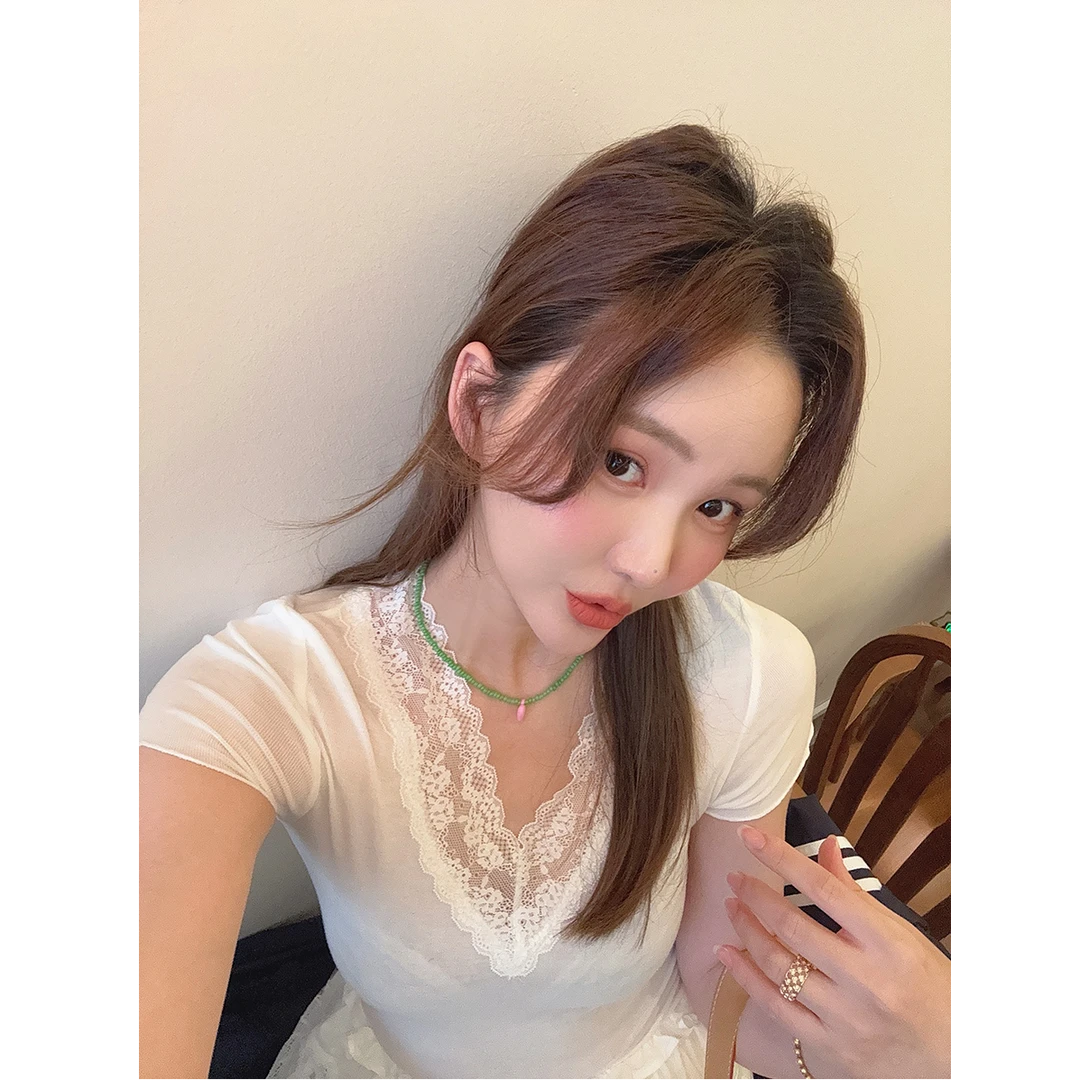 智英欧尼 NO退NO换【v领内搭蕾丝女木耳边上衣高级感春打底衫短袖】