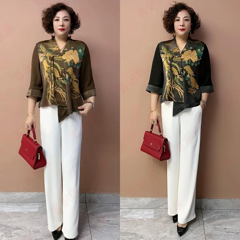 8639夏中年妈妈宽松民族风大码气质优雅印花真丝T恤上衣开衫套装