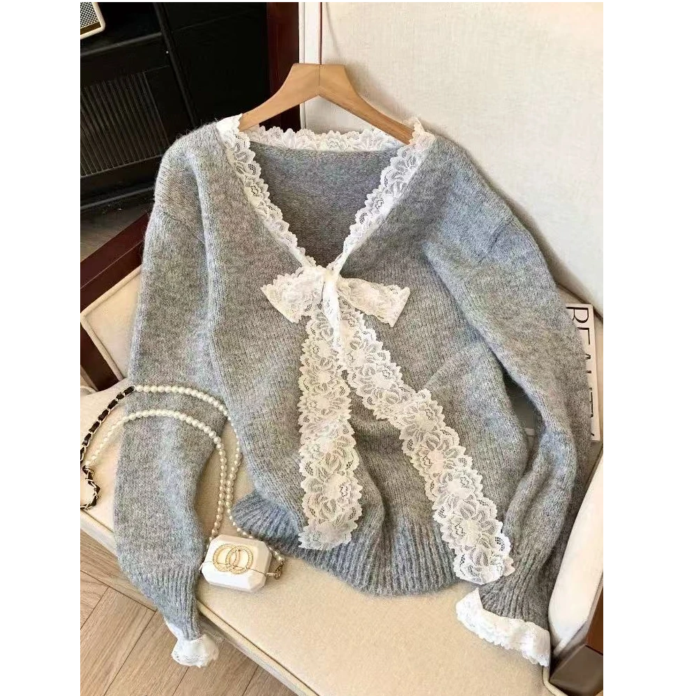 高级感灰色假两件蕾丝拼接针织衫女冬季慵懒风毛衣蕾丝蝴蝶结上衣