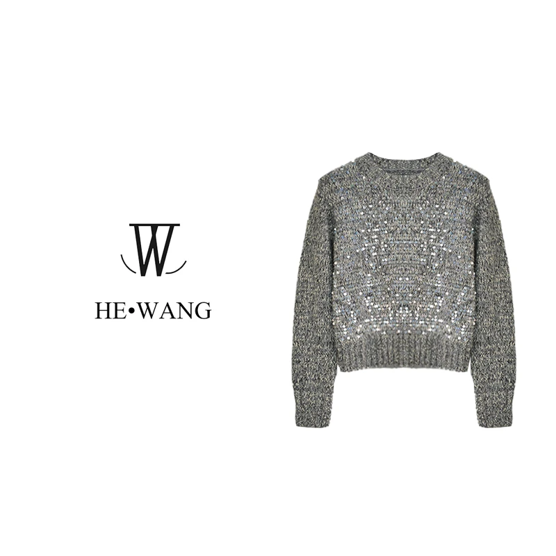 HW 轻奢名媛气质显瘦减龄亮片圆领长袖针织衫-10052