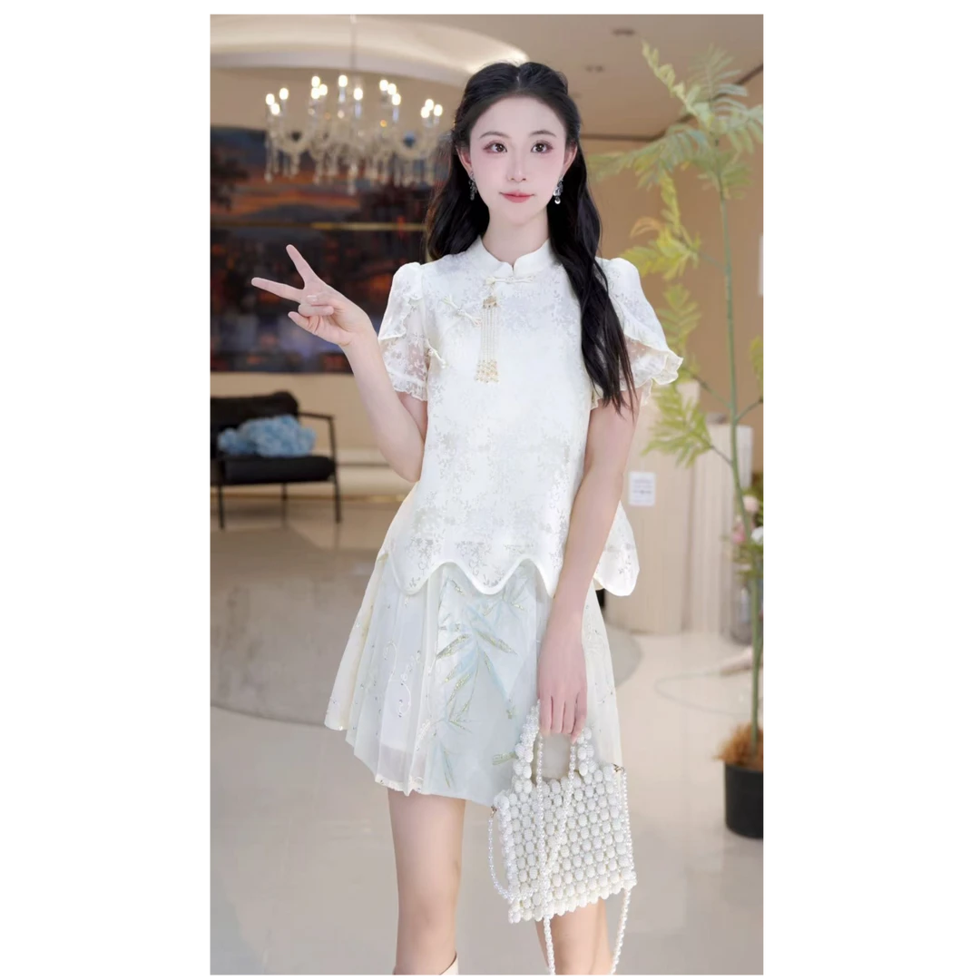 【夏晚风】时尚国风印花盘扣短裙长裤套装814762-814766