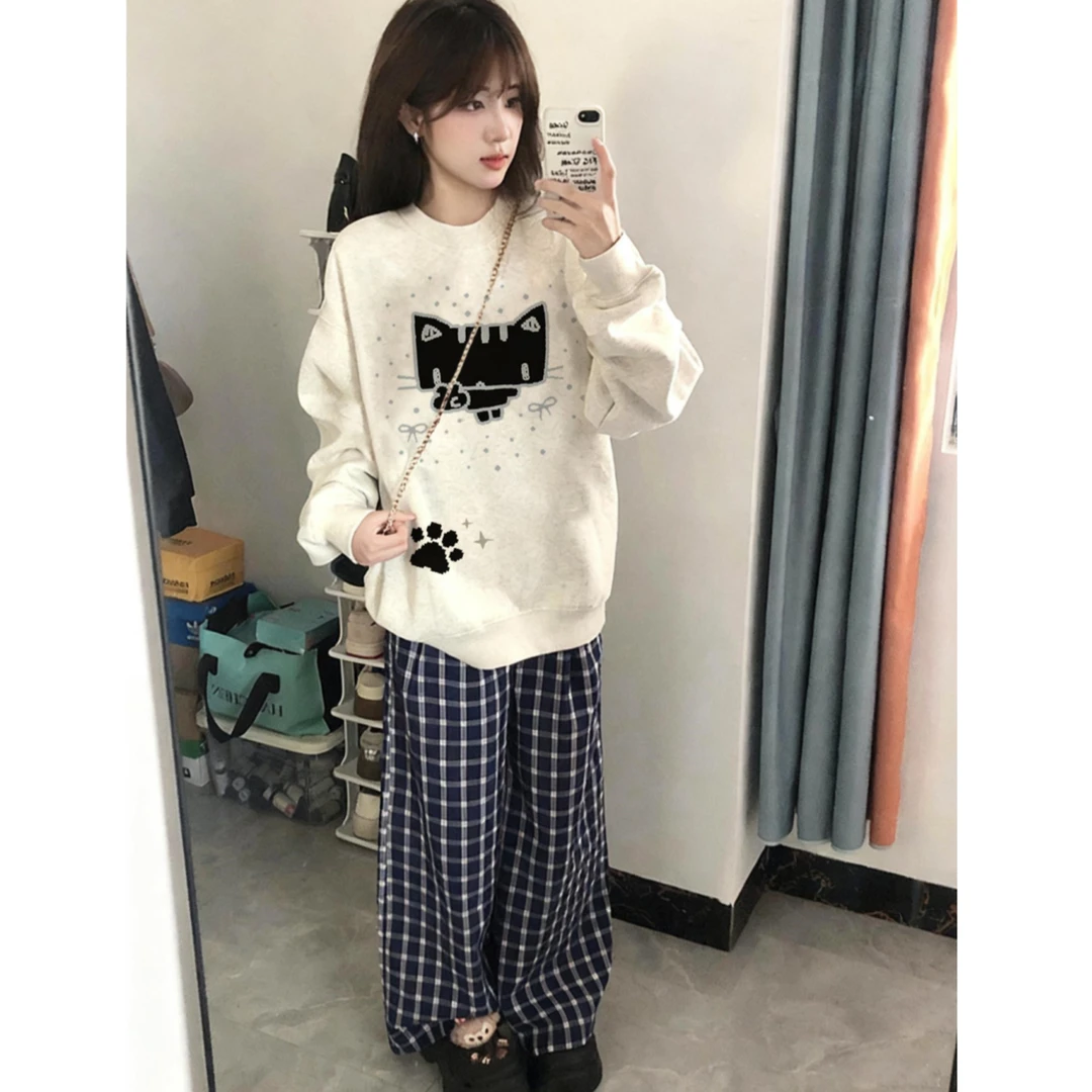 重磅加绒加厚套头圆领卫衣女秋冬2025新款学生宽松慵懒风上衣服潮