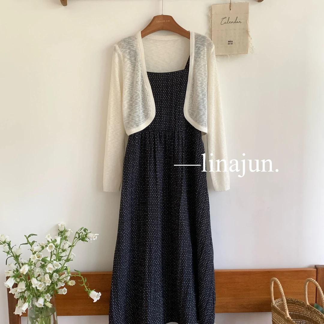 4.20春夏新款复古气质针织镂空开衫宽肩带波点背心裙两件套