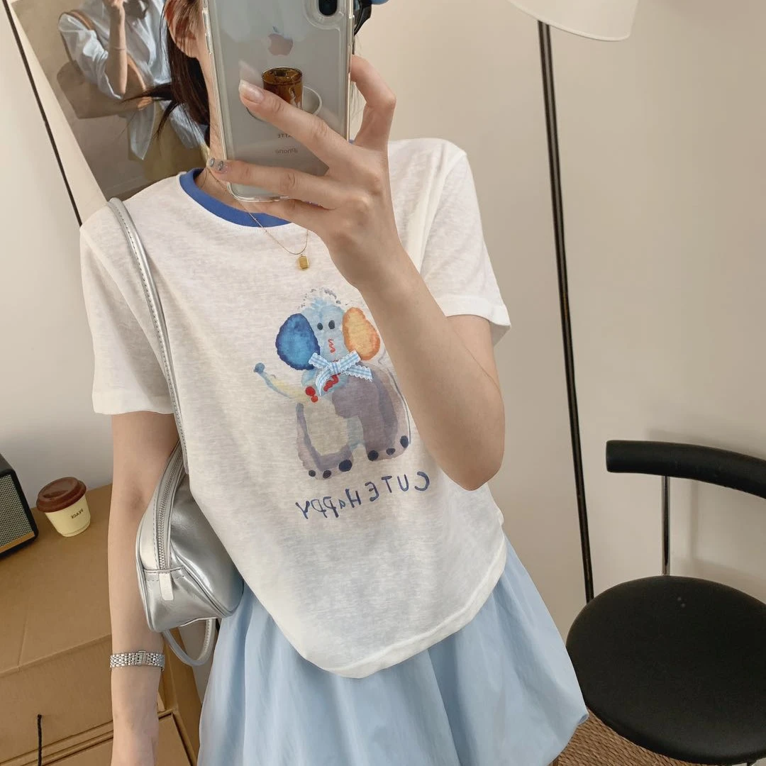 A1912 彩印蝴蝶结大象T 圆领T恤百搭短袖上衣女夏