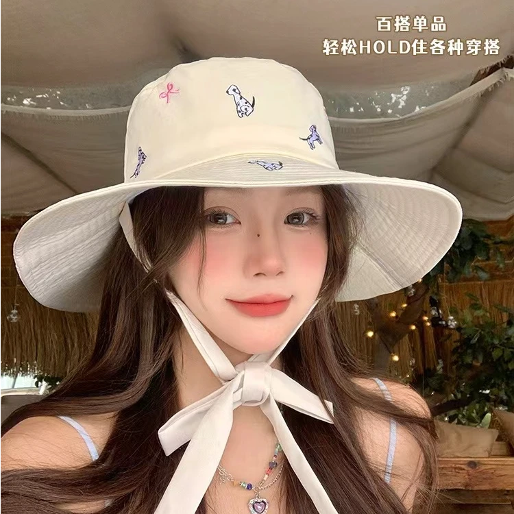 新款可爱斑点狗蝴蝶结刺绣遮阳防晒盆帽