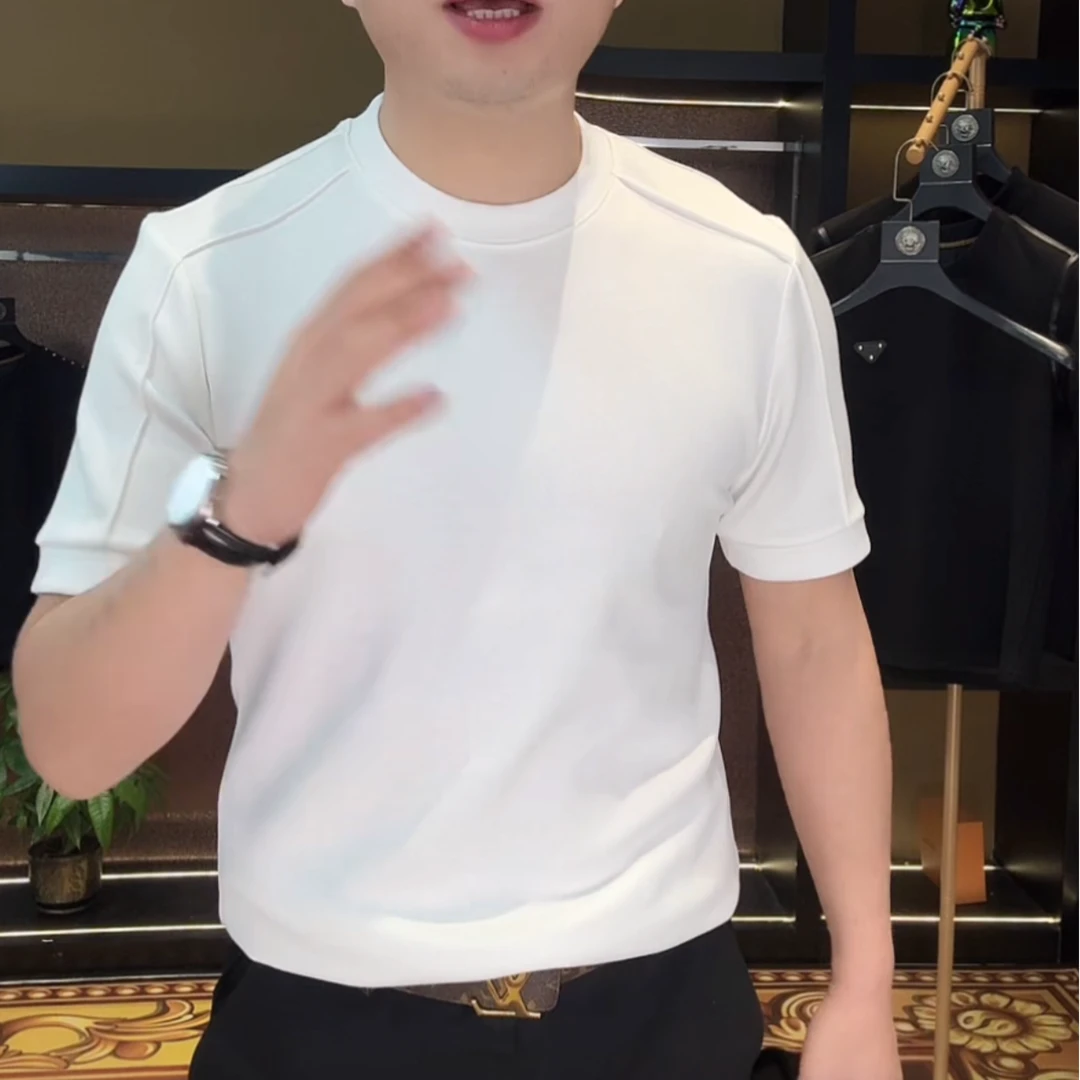 2025年夏短袖加条净版设计打底修身时尚男士百搭圆领休闲半袖