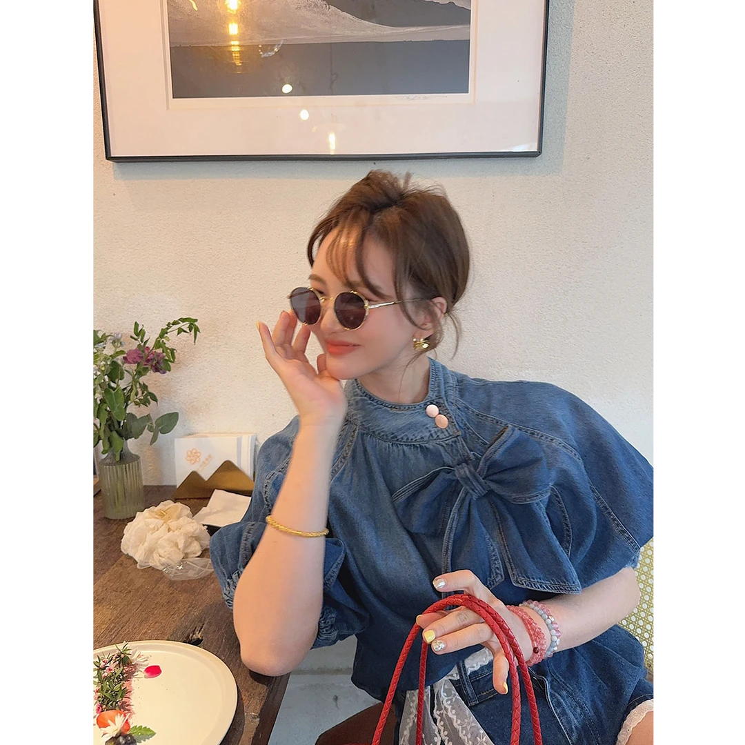 智英欧尼【牛仔短袖衬衫 蝴蝶结气质宽松小众春夏】