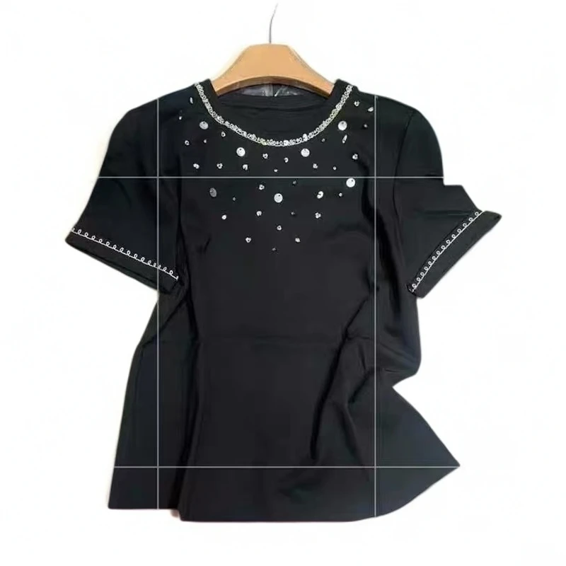 257355 短袖常规款修身型女士短袖T恤时尚镶钻气质t恤