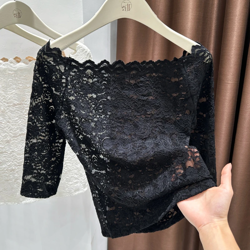 黑色一字肩蕾丝短袖t恤女秋季镂空网纱打底衫紧身短款气质上衣