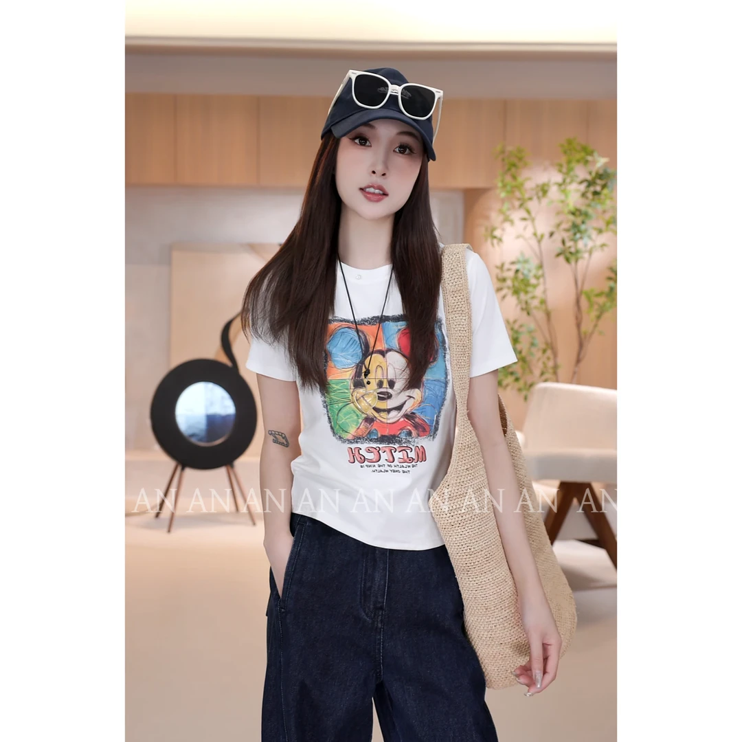 C02314春季新款洋气宽松设计感卡通米奇图案短袖T恤