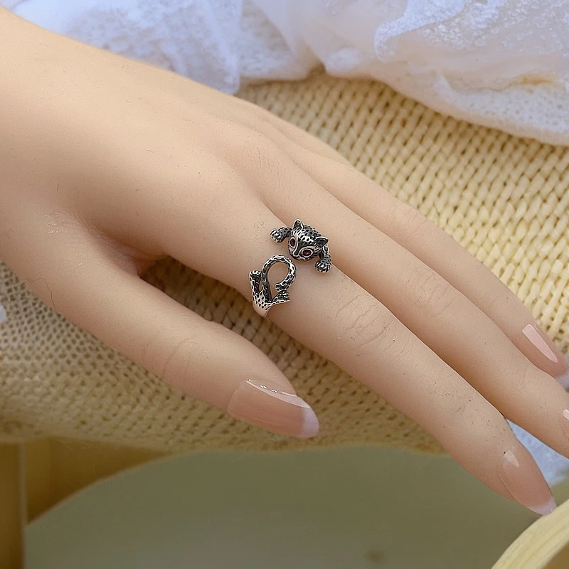 足银戒指 四宝银饰足银金钱豹戒指气质时尚复古个性可爱精致百搭