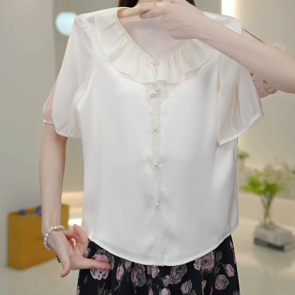 夏季新款V领荷叶边珠饰上衣显瘦百搭短袖衬衫女C5686