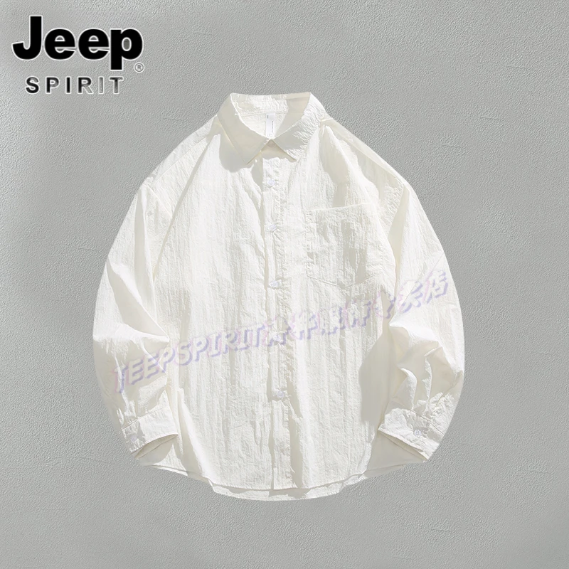 Jeep吉普新款冰丝凉感防晒上衣夏季薄款宽松衬衫休闲翻领男士衬衣