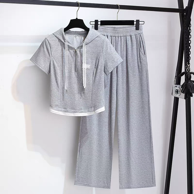 1530-1时尚休闲套装女2025夏减龄短袖上衣+直筒裤两件套