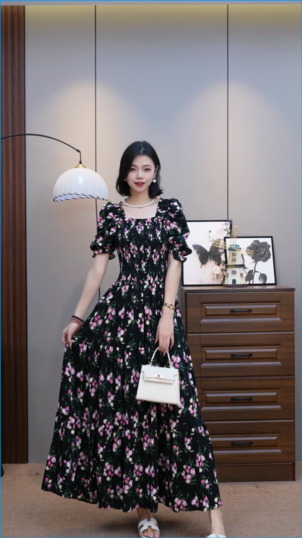 【856】新款气质显瘦收腰泡泡袖一字肩印花碎花连衣裙碎花裙连衣裙