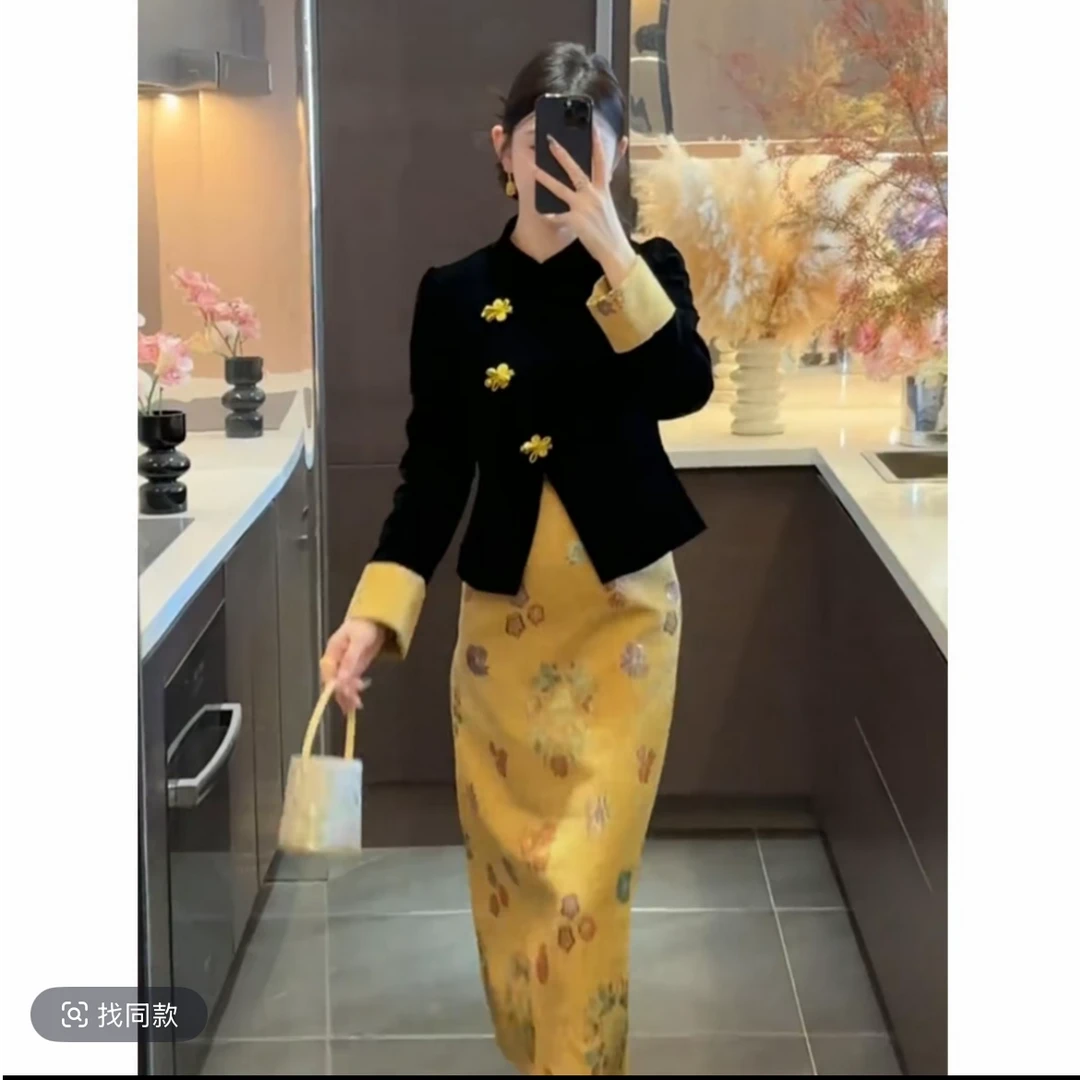 【锦上添花】新中式国风黑色丝绒夹棉外套半裙温婉贵气感两件套装