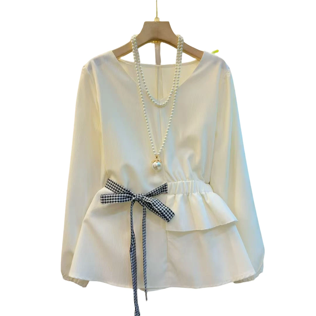 新款春季气质时尚休闲系带蝴蝶结百搭上衣（长63左右）