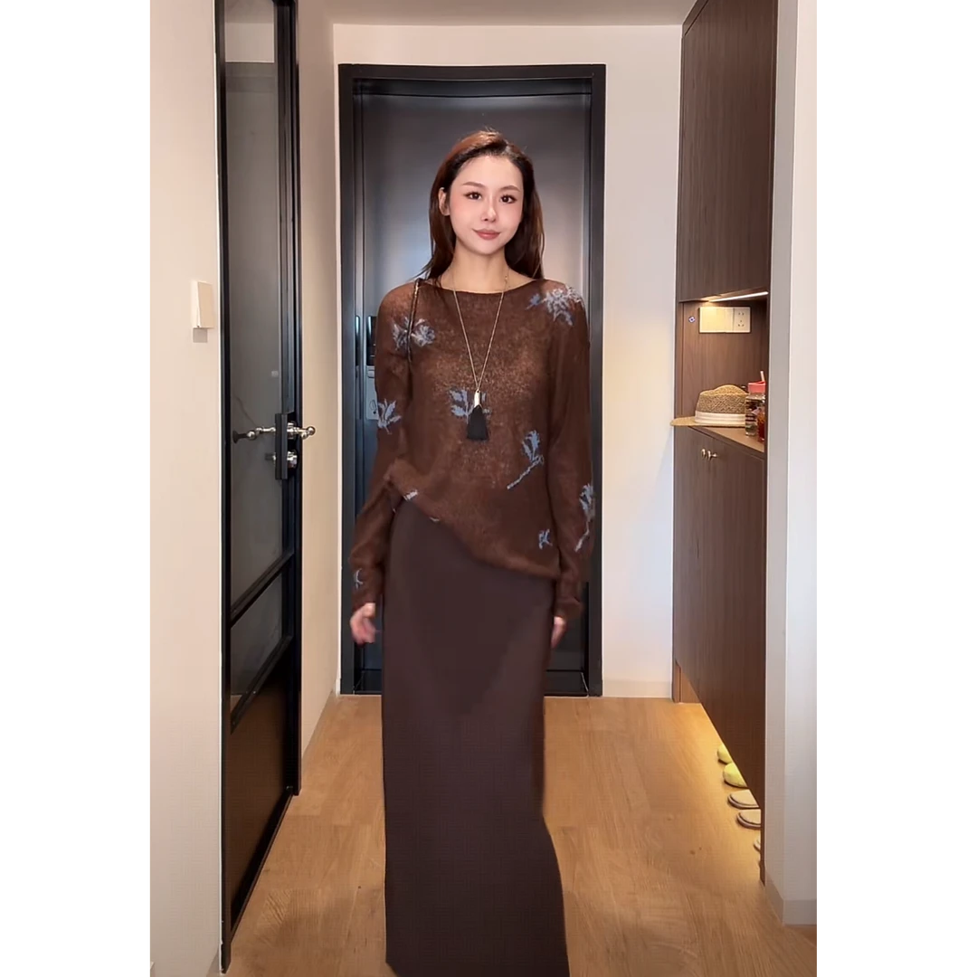 气质复古咖色印花木耳边衬衫女2025早秋新款慵懒宽松时尚绝美上衣