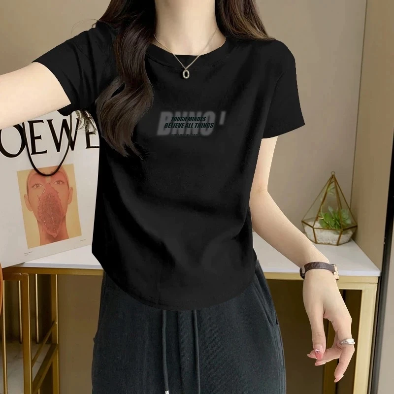 2025显瘦短袖T恤女士夏季设计感圆弧下摆上衣7082