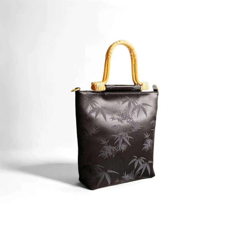 中式竹纹桑蚕丝藤编禅意复古中式大容量竹手柄复古风旗袍手提包