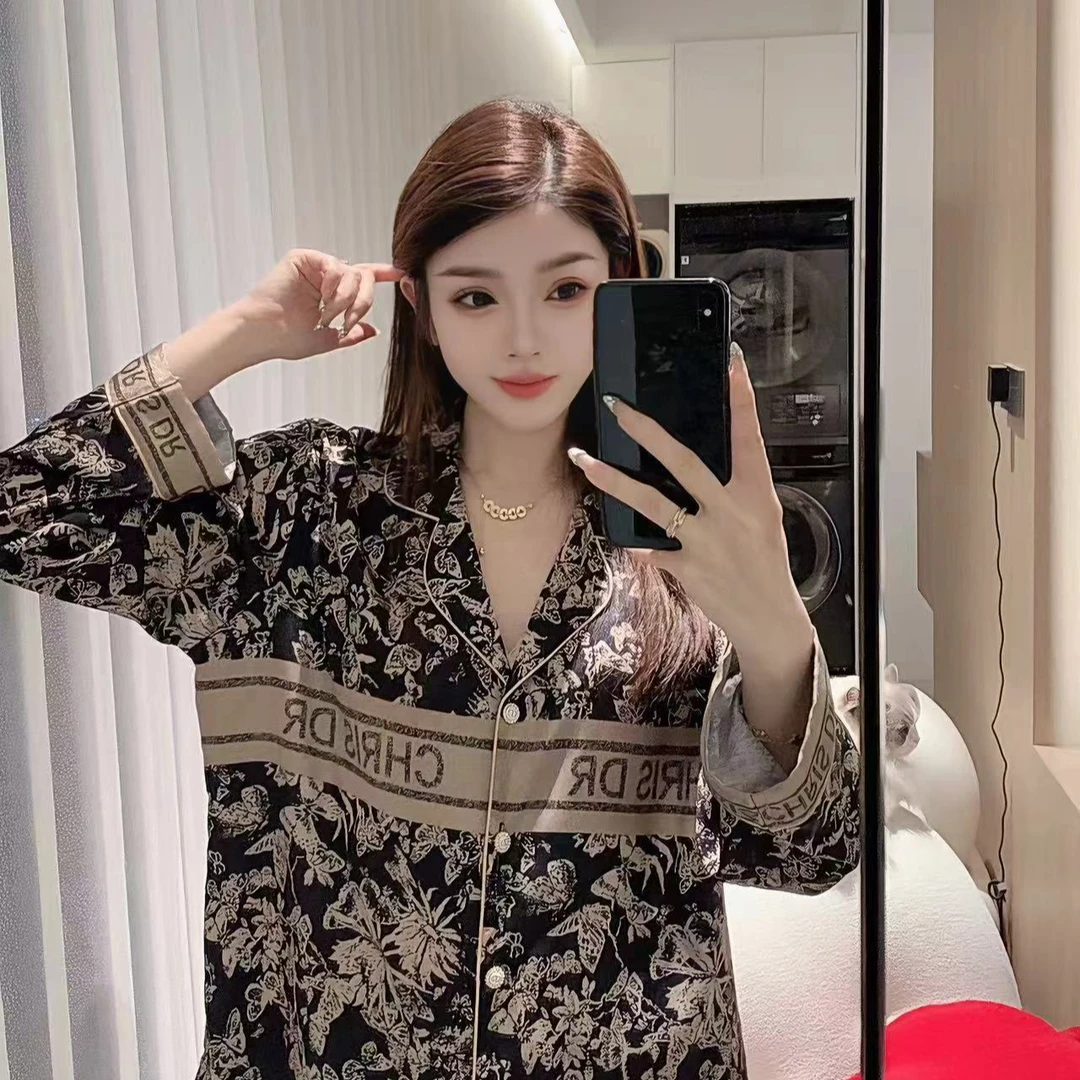 黑金高级韩版轻奢简约冰丝质感睡衣春夏高级家居服
