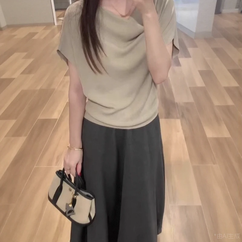 老钱风穿搭法式堆堆领荡领斜肩针织短袖T恤女夏季不规则露肩上衣