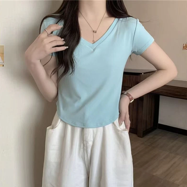 夏季韩版新款V领简约短袖纯色设计T恤女时尚洋气上衣修身显瘦百搭