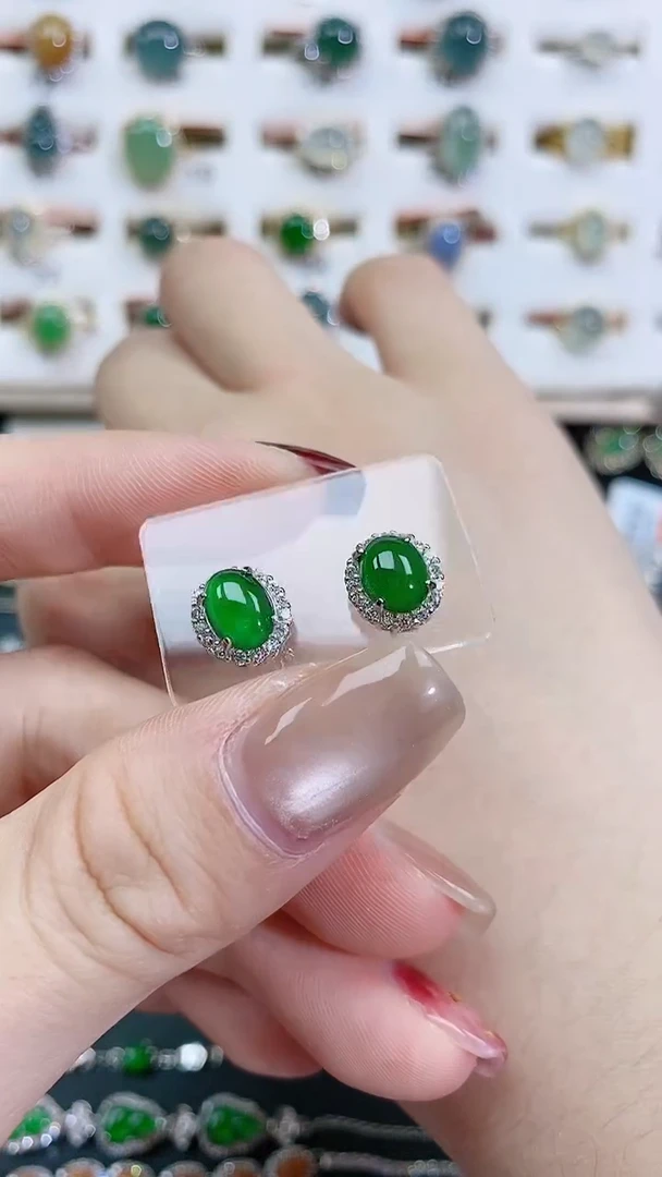 银S925镶嵌翡翠耳饰天然翡翠