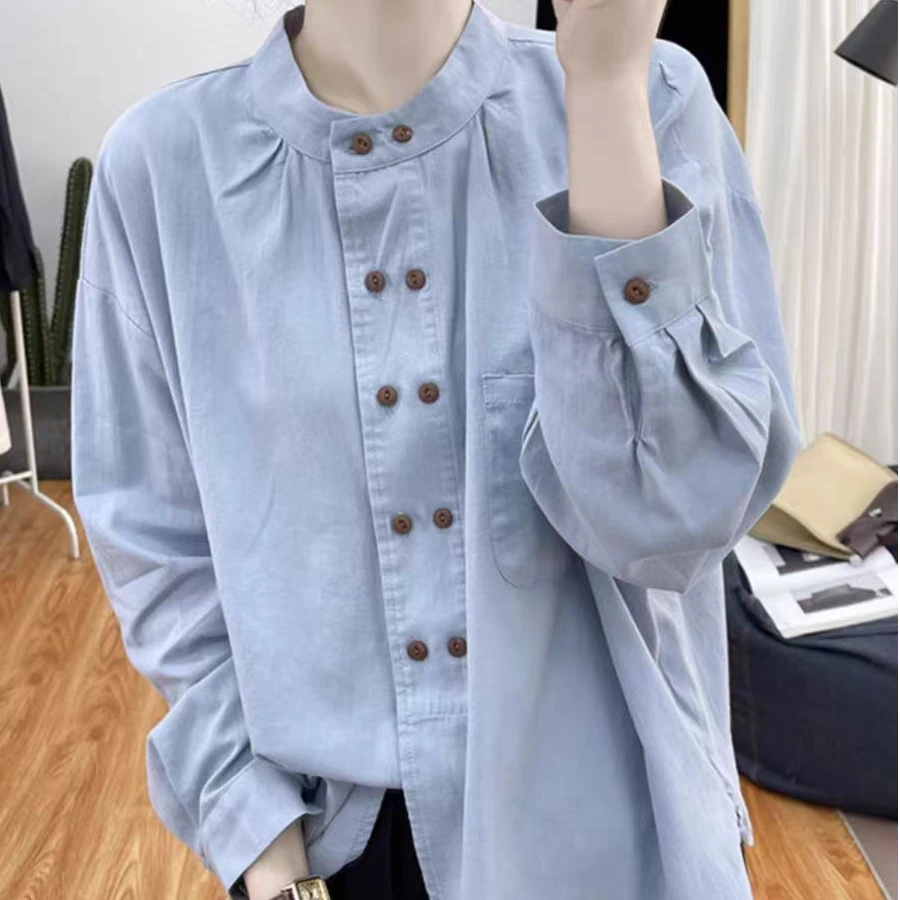 2025春季款设计感双排扣小立领长袖衬衫女时尚通勤衬衫