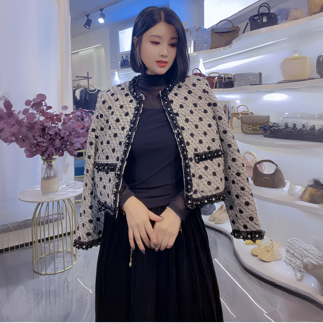 QUEEN【小个子钉珠羊毛小香】(时尚气质百搭秋冬拼接炸街小香风）