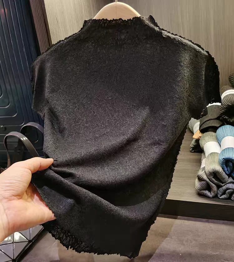 XY精选褶皱上衣休闲立领网红修身型设计师气质半高领短袖褶皱显瘦