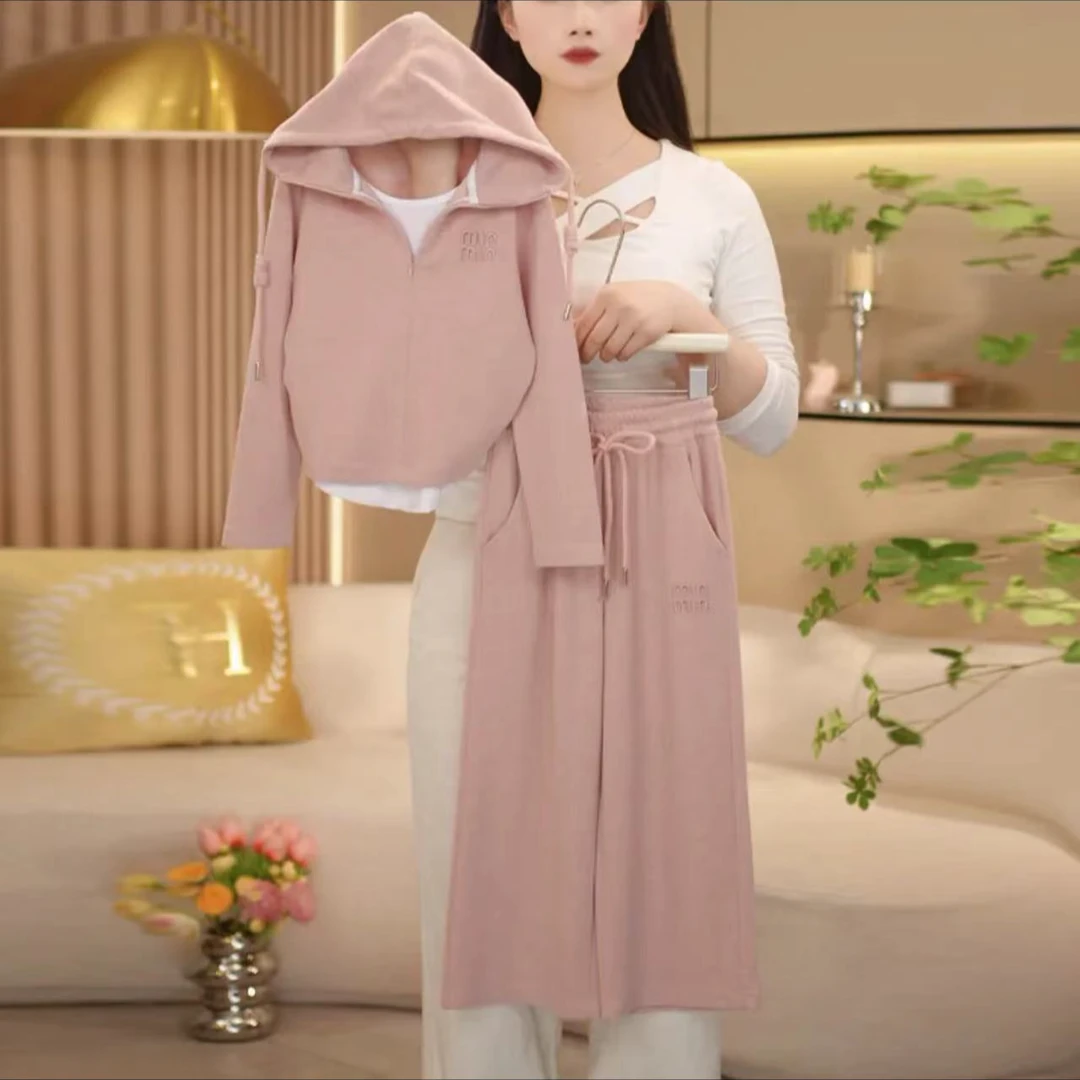 女童2025春季新款时尚假两件拉链连帽卫衣潮流炸街卫裤套装