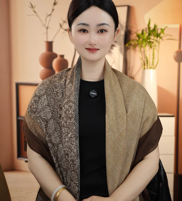 K（绿扣）【暖棕花纹】1-956 优质棉麻105*105左右轻奢百搭方巾