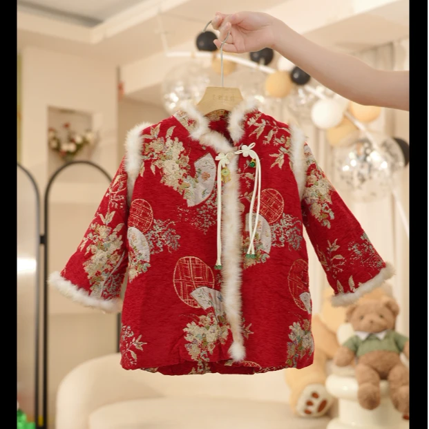 2024冬季新款儿童加绒加厚棉服旗袍 女宝新中式拜年服 红色连衣裙