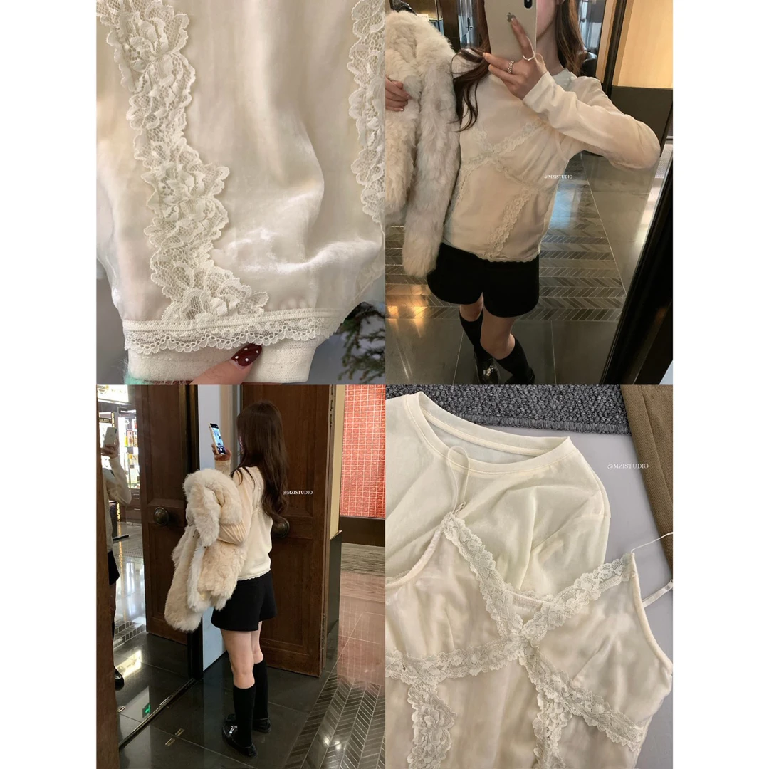 蕾丝拼接性感吊带+丝绒感修身显瘦打底套装B2431+B2432