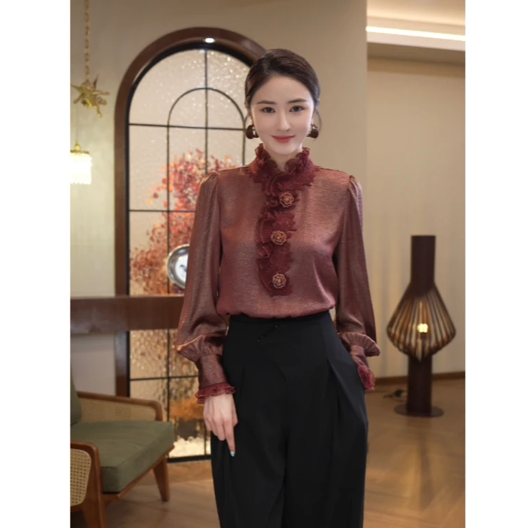 现货2025早春新款【6995】宽松气质高级感复古缎面红金色衬衫上衣女