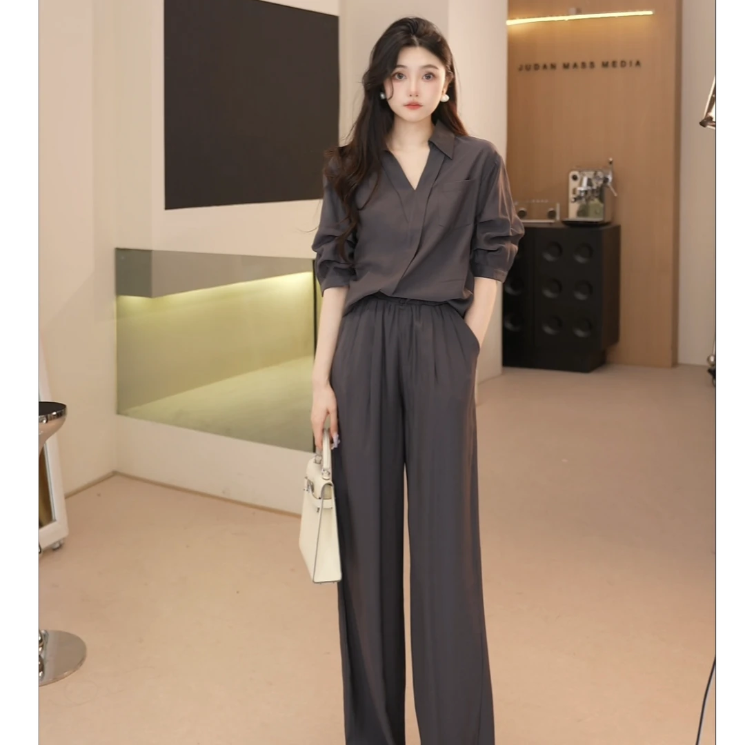 Basic House/百家好CSM夏季时髦气质翻领衬衫轻职风阔腿裤套装女