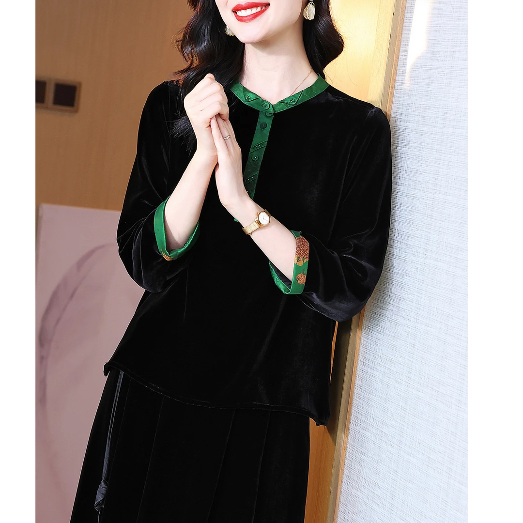 圆领真丝丝绒衬衫女七分袖套头显瘦气质中老年桑蚕丝上衣春秋新款